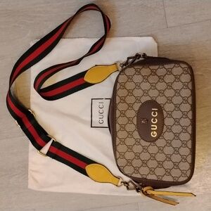 Gucci Neo Supreme Beige and Brown Crossbody Bag with Yellow Leather Accent